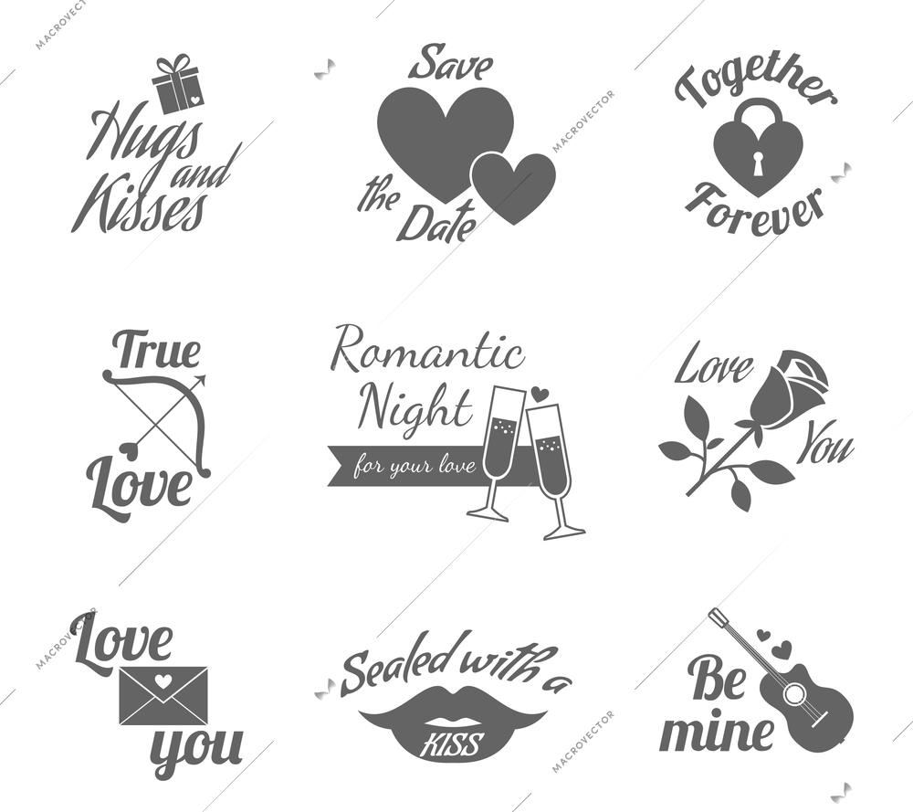 Valentine romantic love relationship labels icons collection with heart lock symbolic emblem black abstract isolated vector illustration