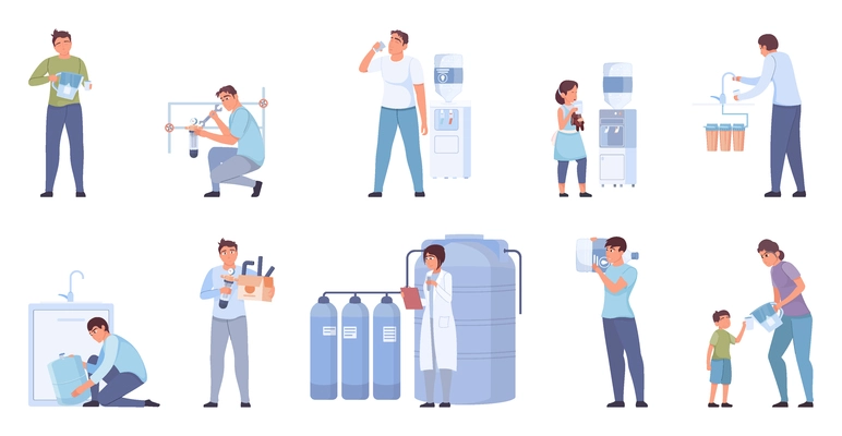 Water purification set with flat isolated compositions of people and aqua processing appliances on blank background vector illustration
