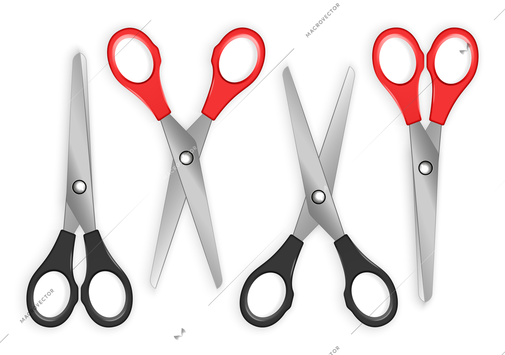 Realistic set of four pairs of scissors with black and red handles isolated vector illustration