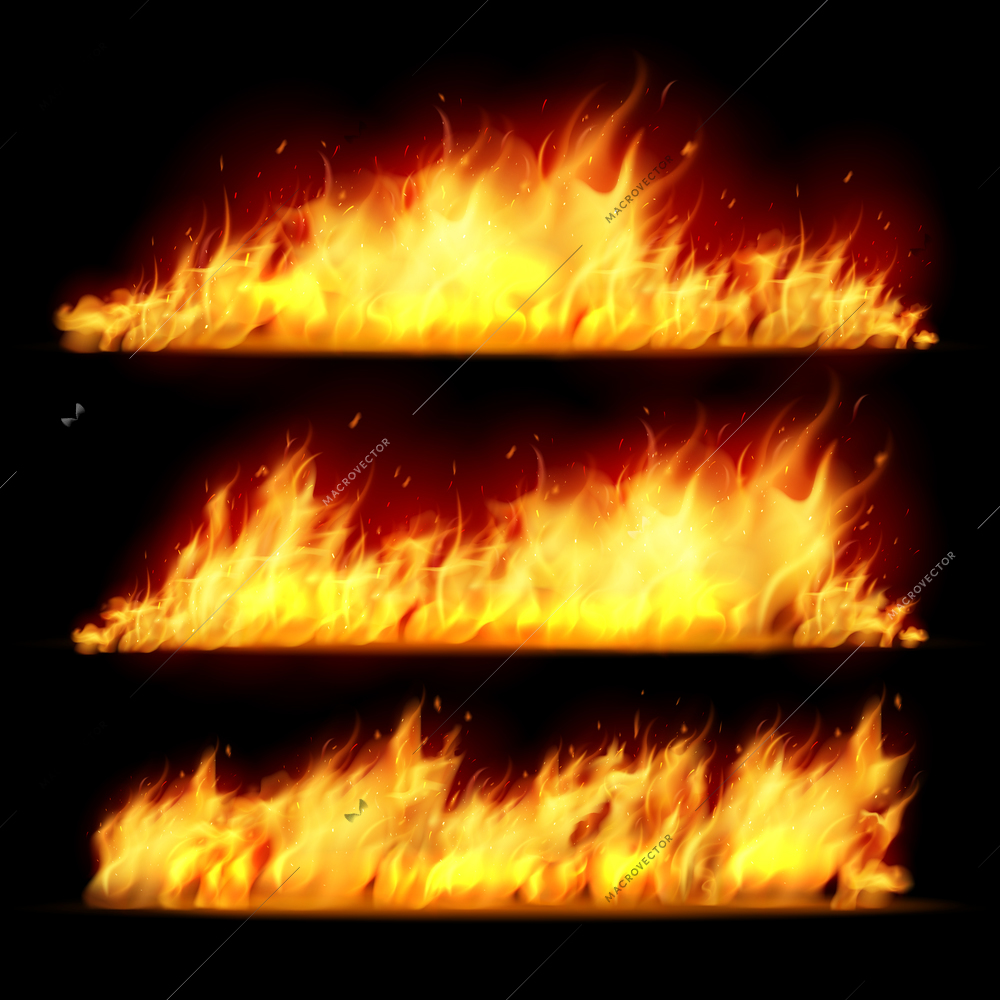 Horizontal fire flame realistic set on black background isolated vector illustration