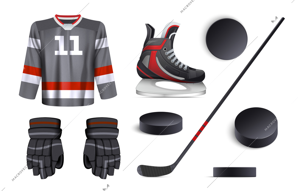 Realistic hockey set with uniform gloves skate pucks and stick isolated vector illustration