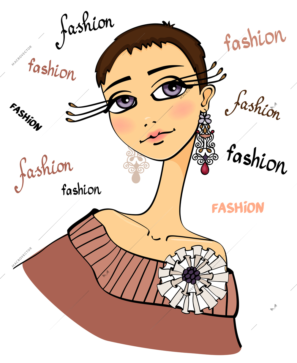 Beautiful fashion woman portrait with floral decoration on clothing vector illustration