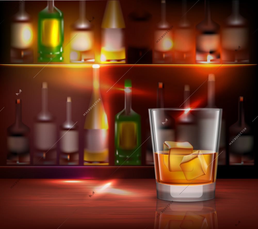 Bar counter realistic background with glass of whiskey in front vector illustration