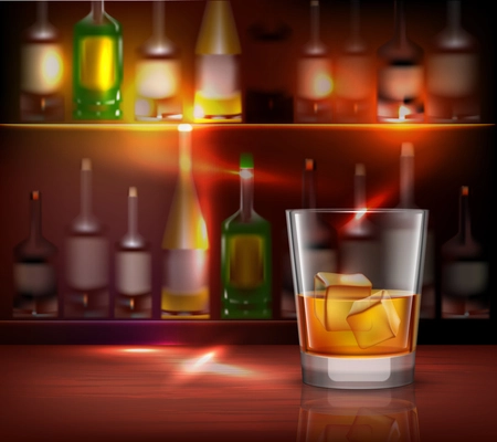 Bar counter realistic background with glass of whiskey in front vector illustration