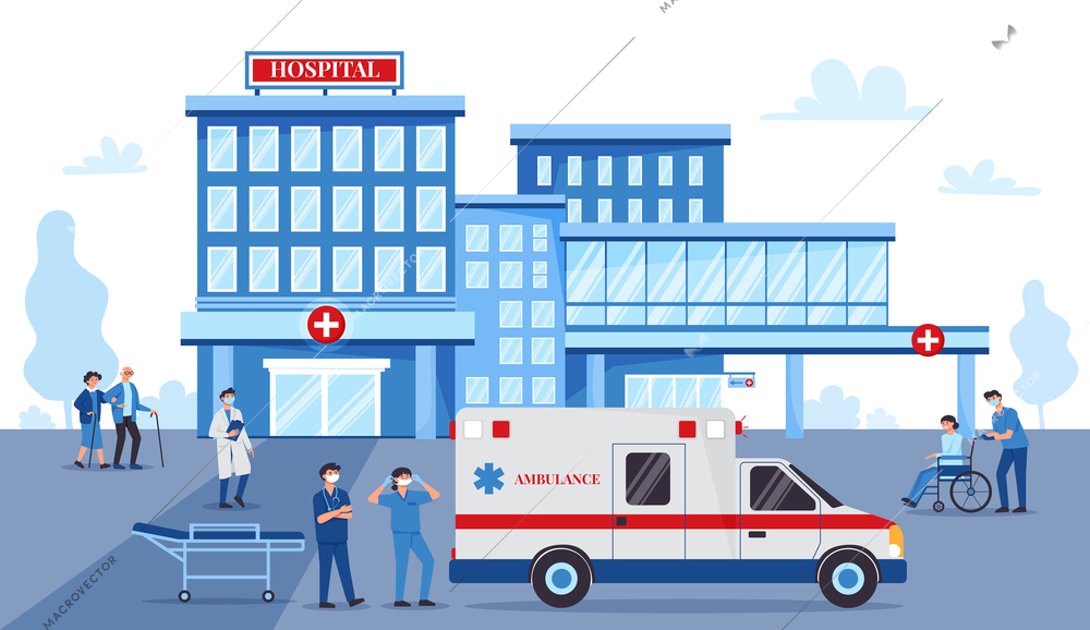 Hospital outside composition with outdoor view of clinic building with ambulance car and medical specialist characters vector illustration