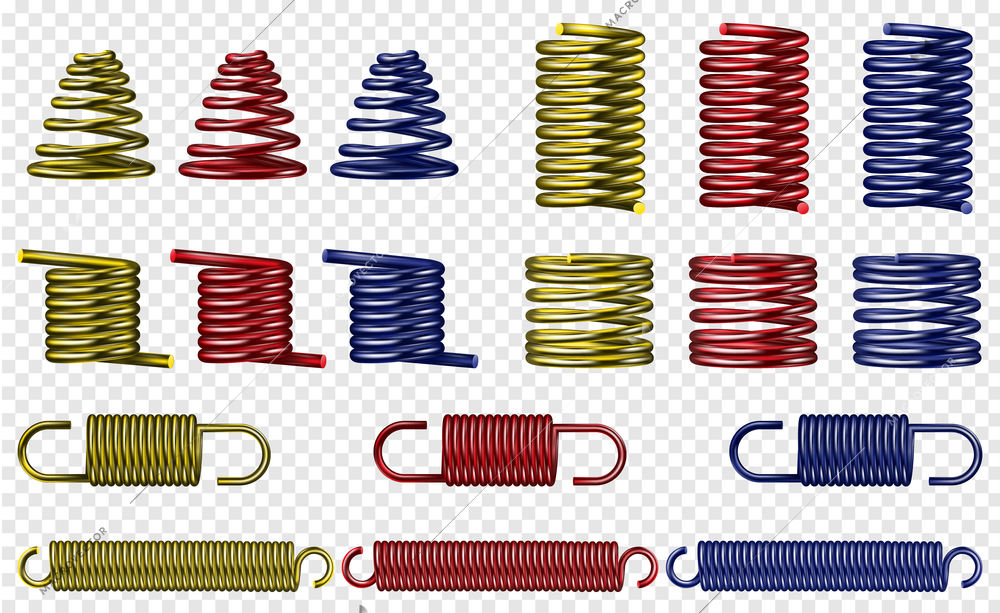 Metal spring realistic transparent color set with flex symbols isolated vector illustration