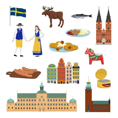 Sweden touristic set with culture symbols flat isolated vector illustration