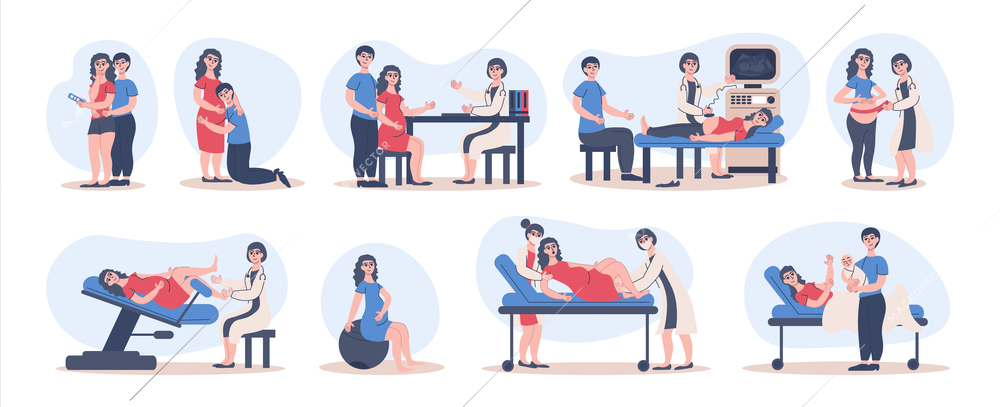 Pregnancy childbirth set of flat isolated compositions with medical specialists and young parents with baby delivering vector illustration