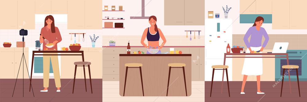 Home cooking flat compositions with female characters preparing dishes by yourself or using recommendation of food bloggers vector illustration