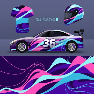 Realistic livery mockup with abstract pattern in neon colors for racing car helmet and t shirt isolated vector illustration