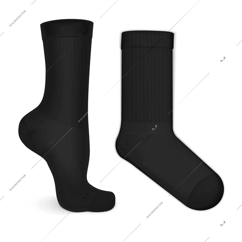 Realistic black mid calf socks pair mockup worn on leg isolated on white background vector illustration