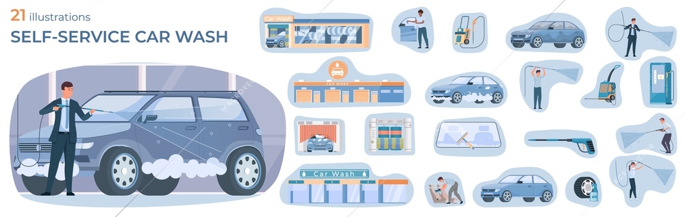 Self car wash composition with set of flat isolated icons with washing appliances cars and people vector illustration