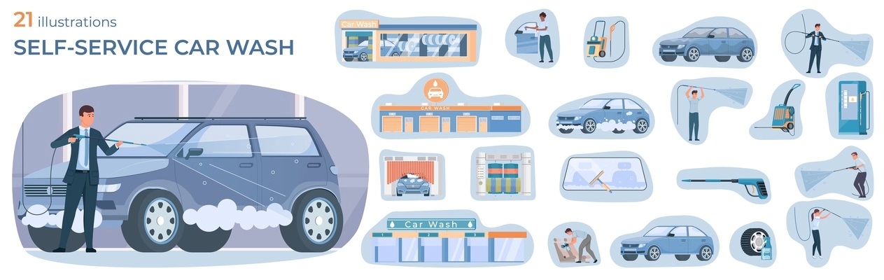 Self car wash composition with set of flat isolated icons with washing appliances cars and people vector illustration