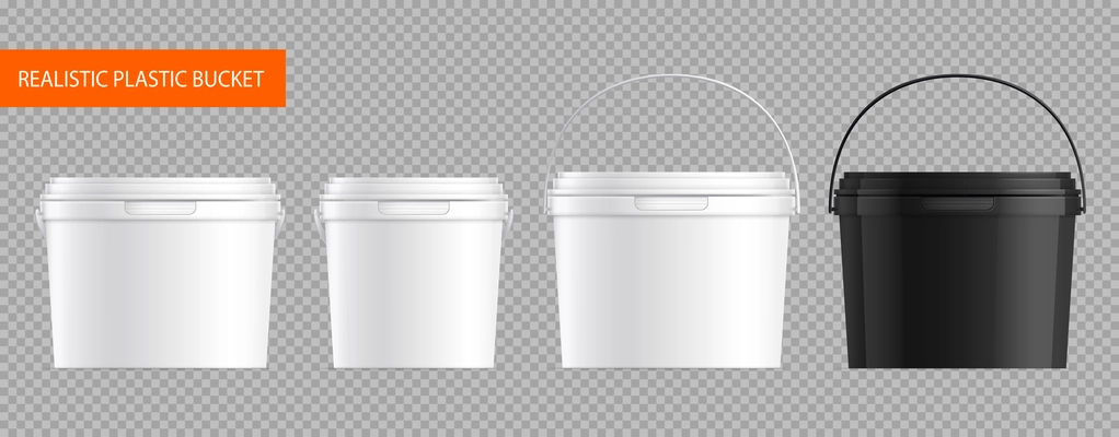 Realistic white and black plastic buckets with handle on transparent background isolated vector illustration
