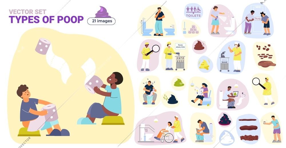 Poop set of flat isolated compositions with characters of defecating teens and adults with shitting problems vector illustration