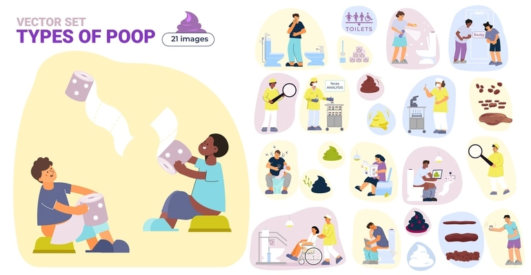 Poop set of flat isolated compositions with characters of defecating teens and adults with shitting problems vector illustration