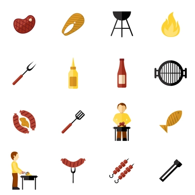 Bbq grill icon flat set with meat and fish steaks and cooking utensil isolated vector illustration