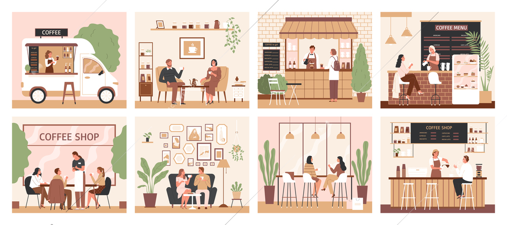 Coffee shop set of isolated color compositions with views of people meeting each other in cafe vector illustration