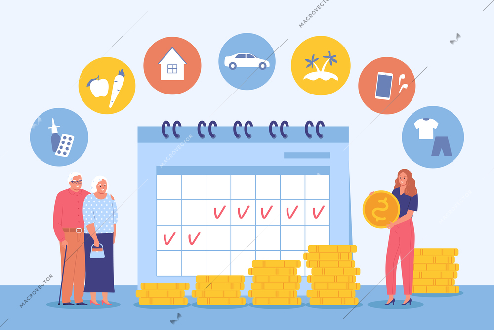 Flat family budget planning background with elderly people and woman diving savings among various needs and expenses vector illustration