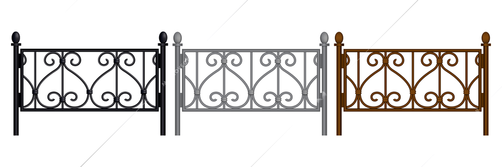 Steel railing realistic set in red black and gray colors with identical pattern isolated vector illustration