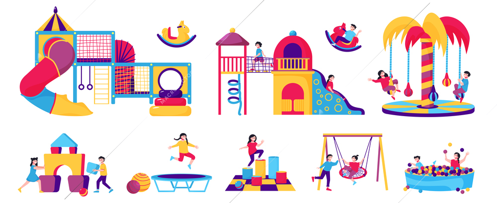 Mall children playroom color set of pool with plastic balls trampoline swing carousels isolated elements vector illustration