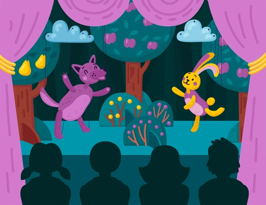 Children puppet theater composition with silhouettes of children audience and stage with animal puppets on strings vector illustration