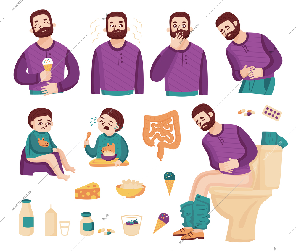 Lactose intolerant color set with icons of food with man and kid sitting on toilet bowls vector illustration