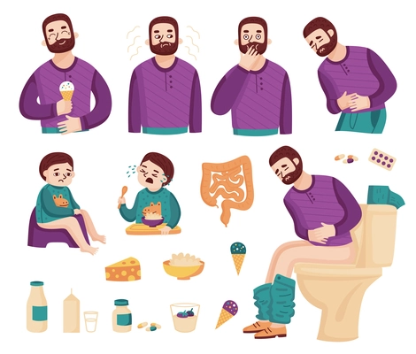 Lactose intolerant color set with icons of food with man and kid sitting on toilet bowls vector illustration