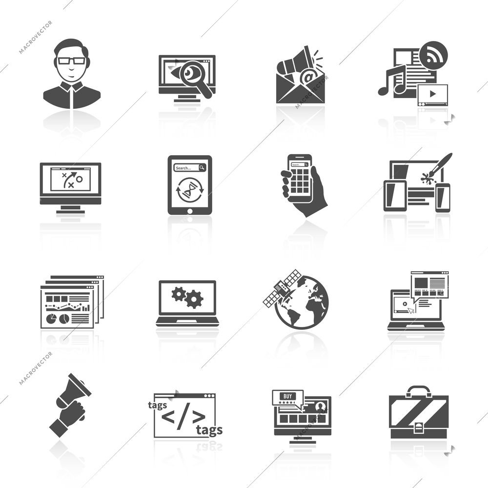 Seo internet marketing software optimization icon black set isolated vector illustration