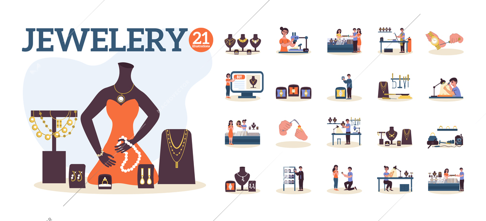 Flat jewelry store composition icon set with jewelry workshop online store showcases with necklaces craftsmen and salesmen at work vector illustration