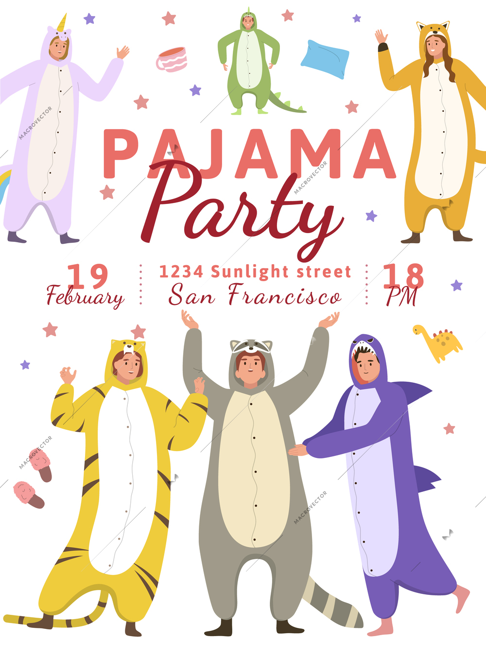 Pajama party flat invitation poster with happy human characters wearing kigurumi on white background vector illustration