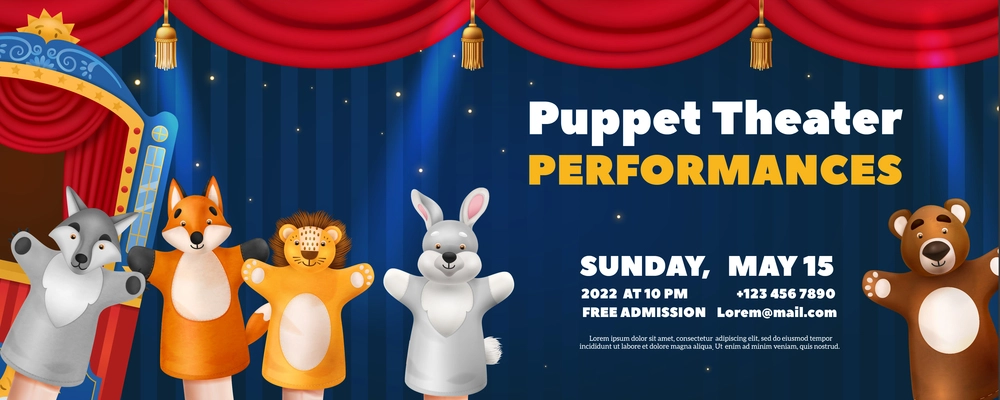 Children puppet theater performance horizontal ads poster with animal hand toys realistic vector illustration