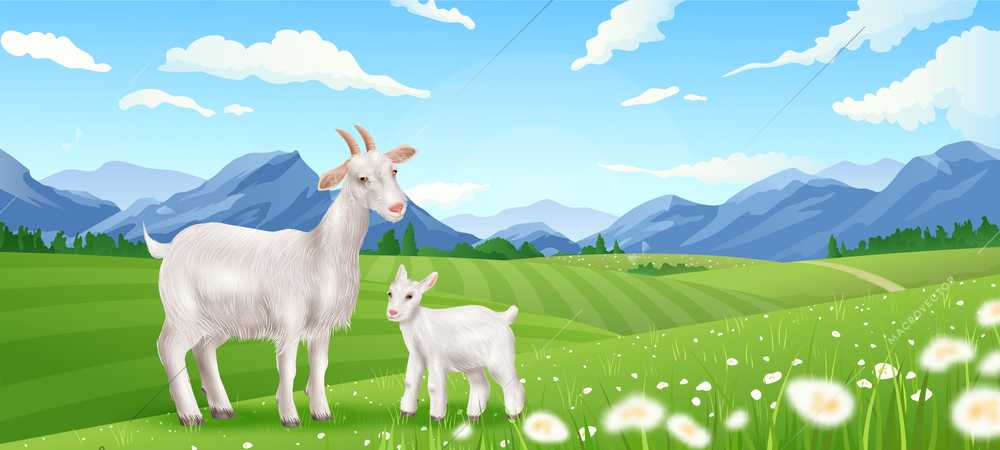 Realistic summer landscape with cute white goat and goatling on green meadow in background with mountains and blue sky vector illustration