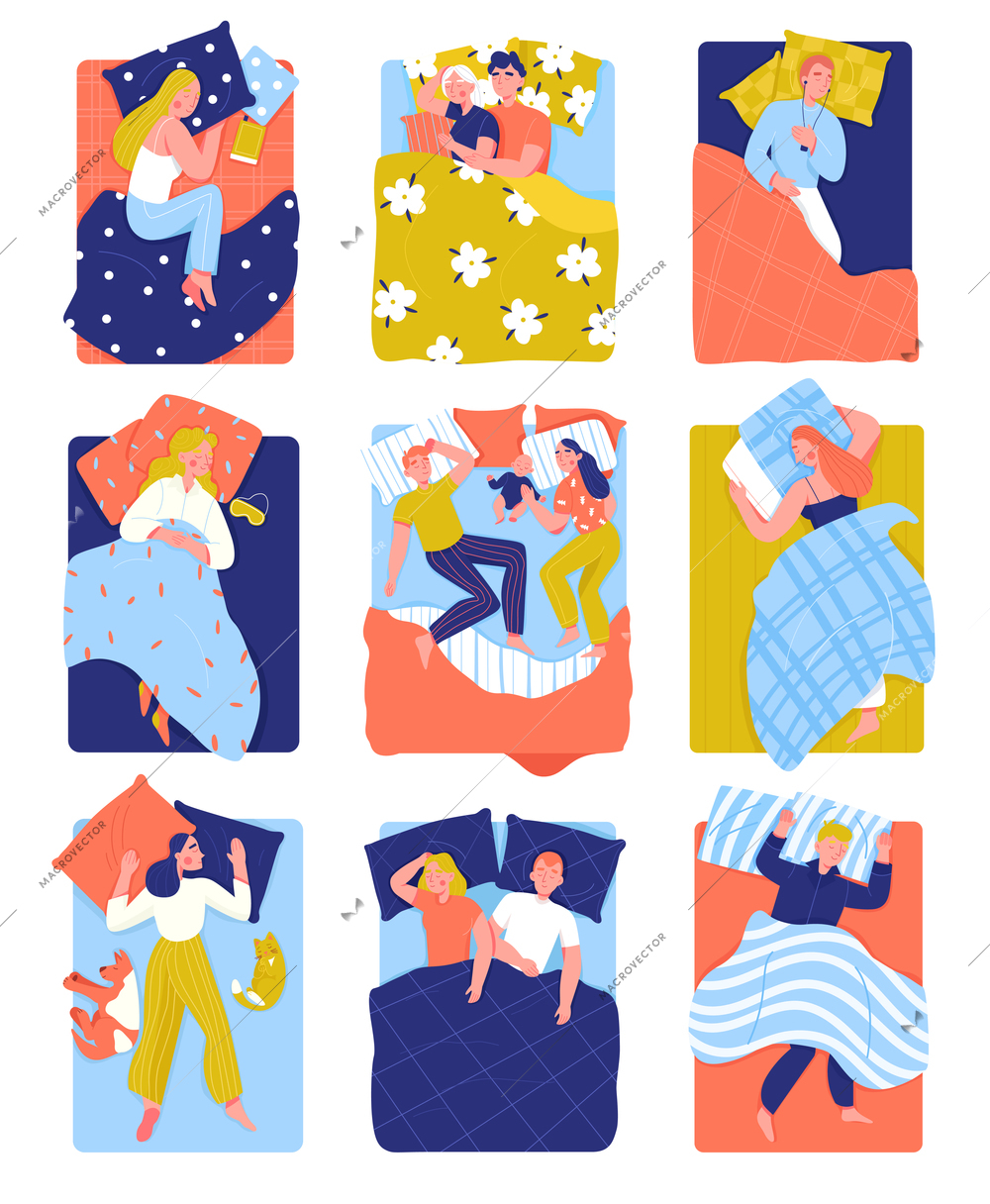 People sleeping together and alone in bed with colorful bed linen top view isolated vector illustration