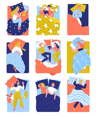 People sleeping together and alone in bed with colorful bed linen top view isolated vector illustration