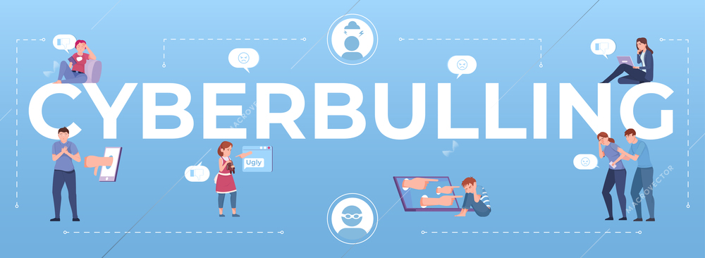 Cyberbullying composition with flat characters of people with computers gadgets with chat bubble icons among text vector illustration