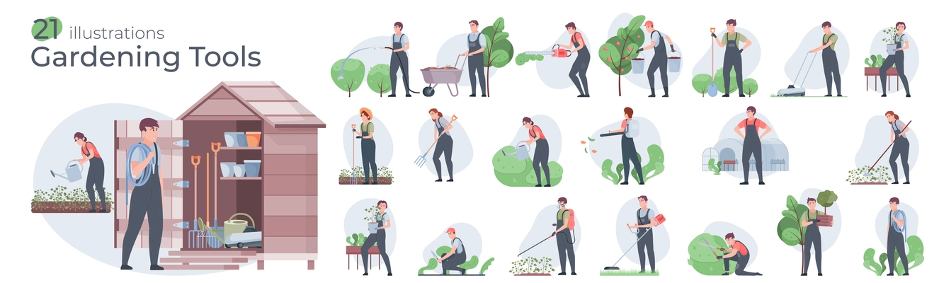 Set with garden tools compositions with flat characters of people performing gardening works with trees bushes vector illustration