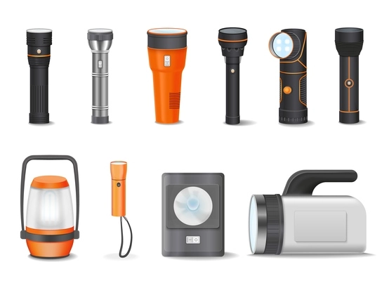 Flashlight realistic set with isolated icons of handy flashlights lamps of various shape and body design vector illustration