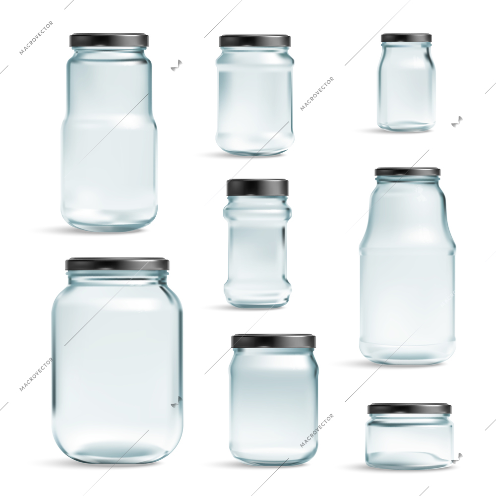 Realistic mockup glass jars set with isolated images of empty cans with shadows on blank background vector illustration