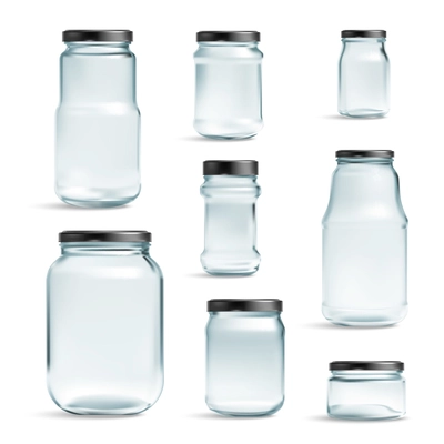 Realistic mockup glass jars set with isolated images of empty cans with shadows on blank background vector illustration