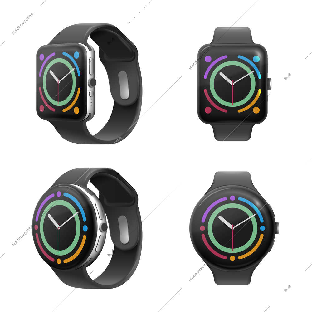 Smart watch realistic set of wrist clock with circle screen and black plastic strap isolated vector illustration