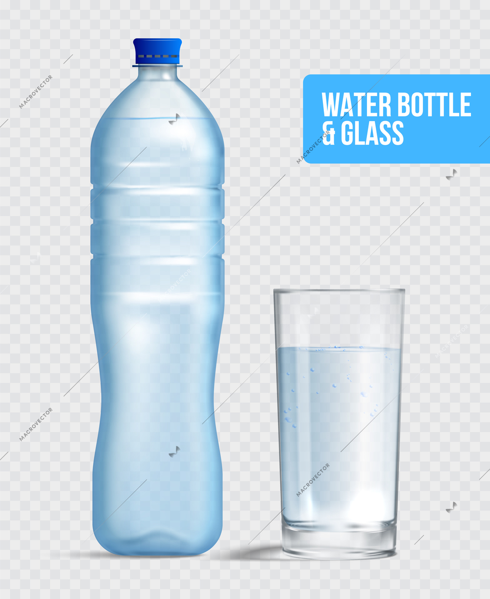 Realistic water bottle and glass set with isolated mockup images of full plastic bottle with cap vector illustration