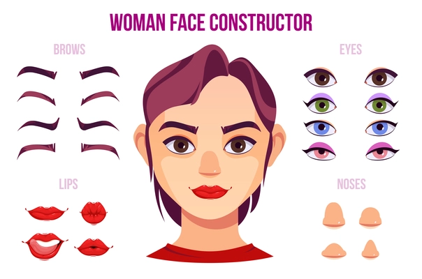 Woman face constructor elements with different colors and forms of noses eyes brows lips and female character portrait in centre cartoon vector illustration