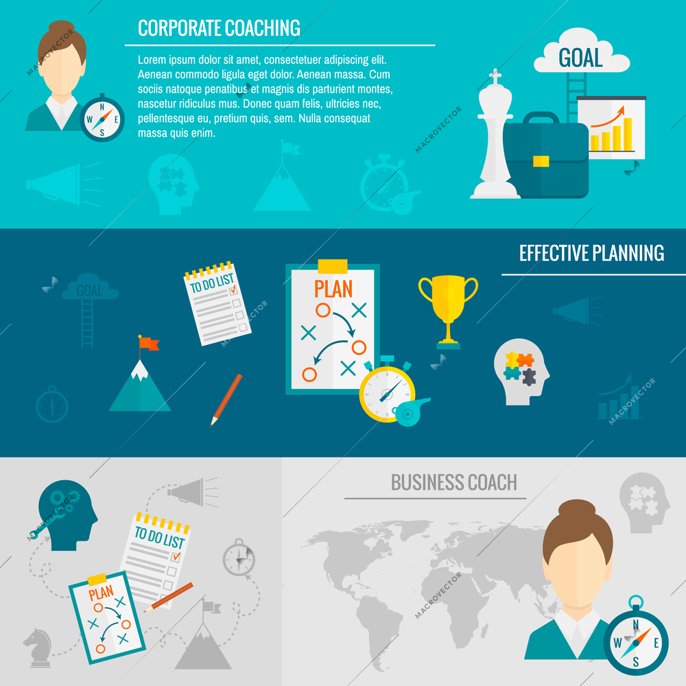 Coaching business banner set with corporate business effective planning elements isolated vector illustration