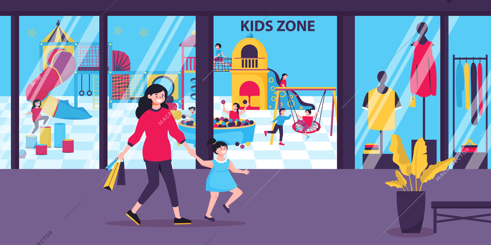 Mall with kids zone flat background with happy mother and her small child after shopping and playing vector illustration