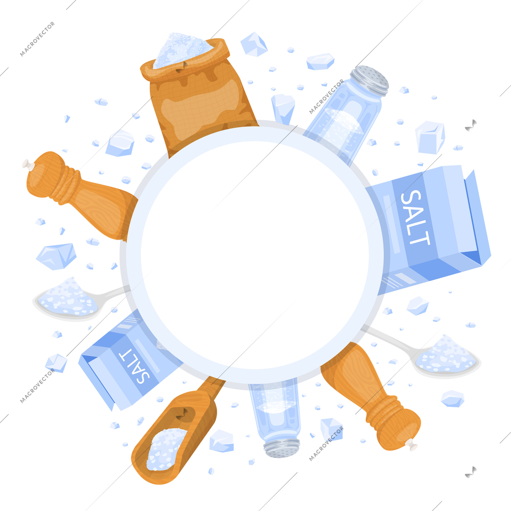 Sea salt round frame composition with empty circle surrounded by pieces of salt with cellar packaging vector illustration