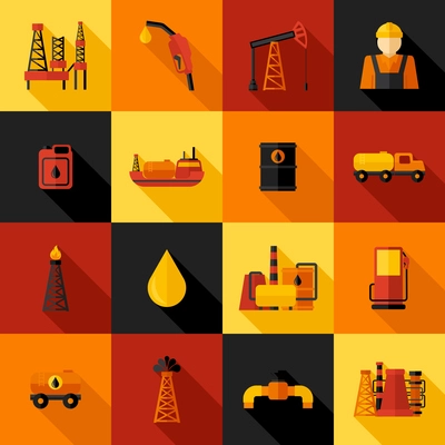 Oil industry gasoline petroleum processing icons flat set isolated vector illustration