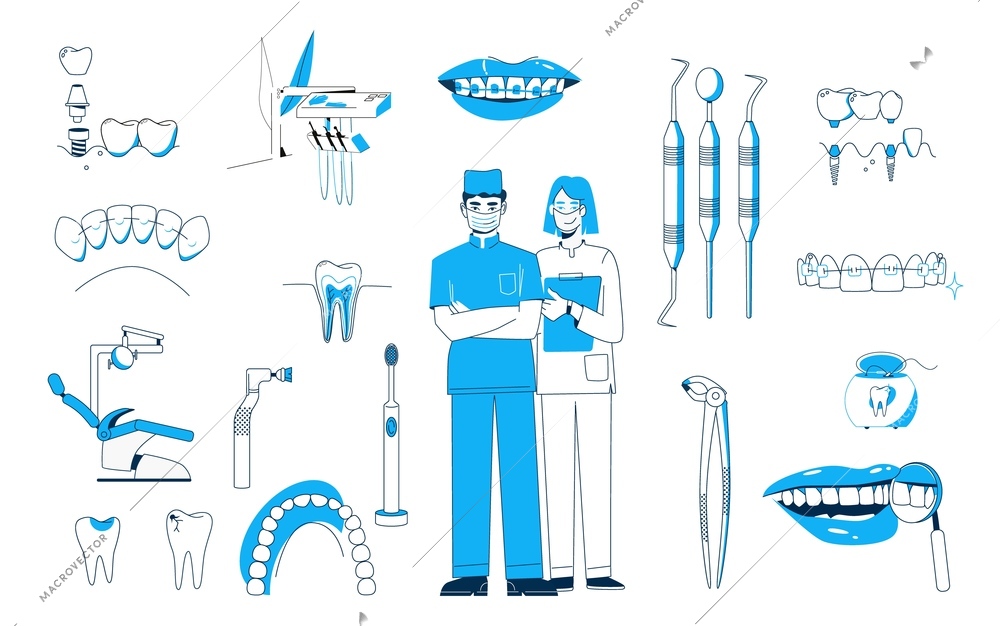 Dentistry set with flat isolated icons of healthy and damaged tooth with characters of dental doctors vector illustration