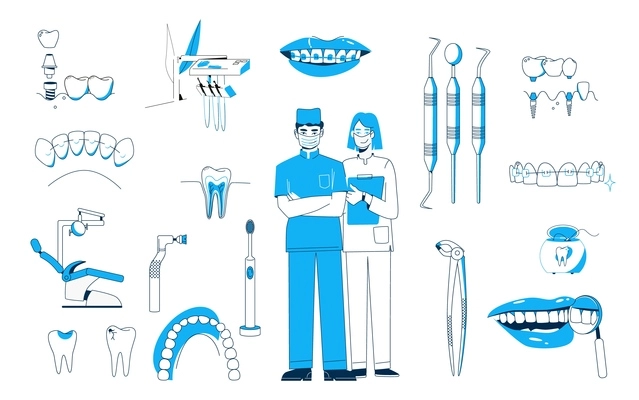 Dentistry set with flat isolated icons of healthy and damaged tooth with characters of dental doctors vector illustration