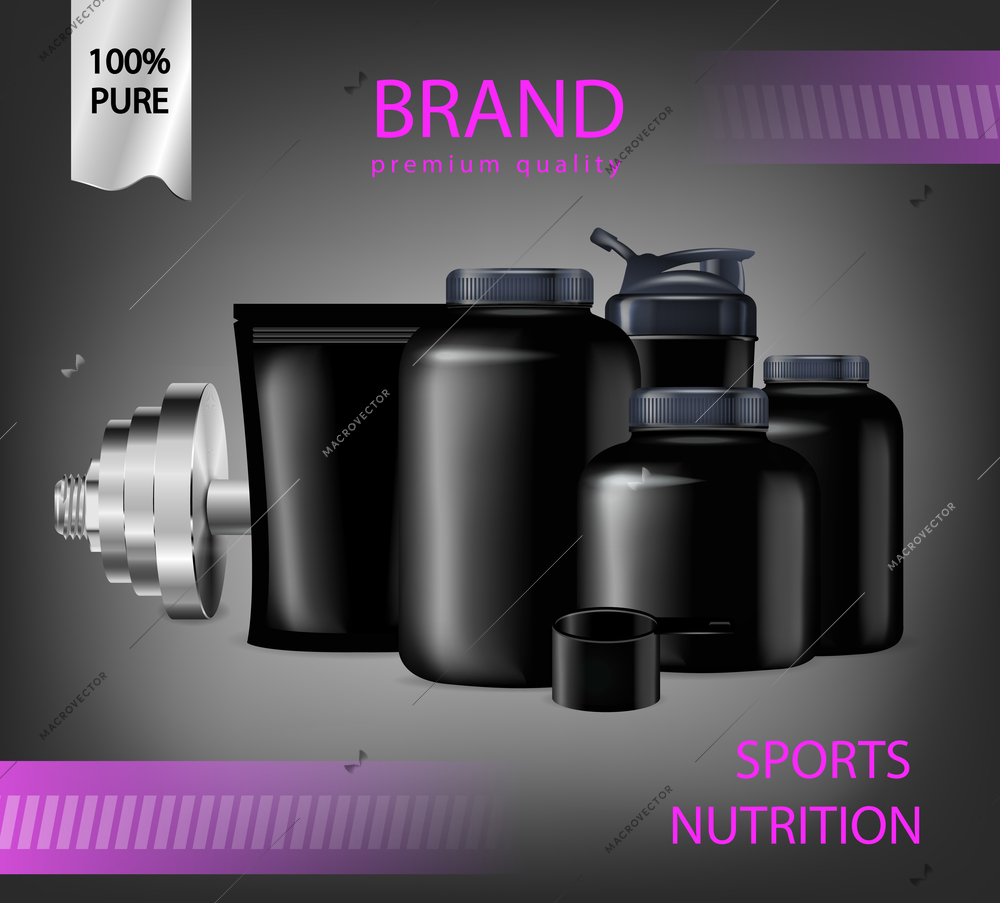 Sport nutrition package realistic advertising composition with editable text ribbon badge and several black bottles containers vector illustration